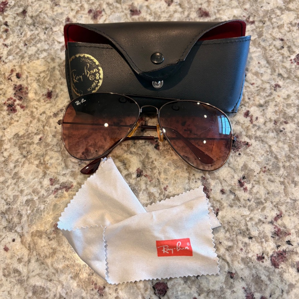 Ray-Ban Aviator Sunglasses Brown Gradient Lens 62-14-140 Gunmetal Frame Case
